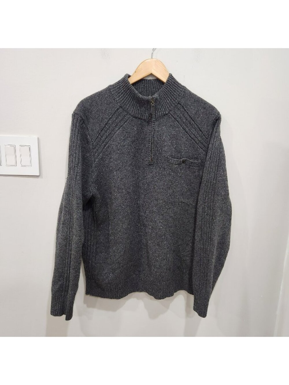 Vintage LL Bean Sweater Mens L Gray Merino Wool Quarter Zip Knit Pullover